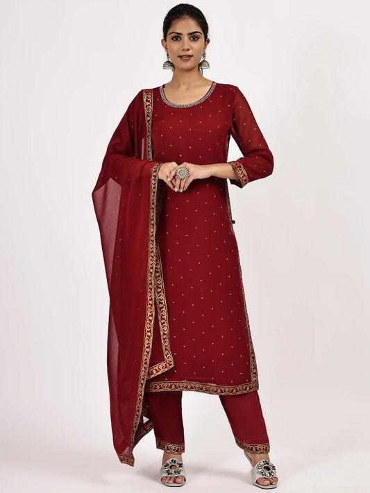 Maroon Embellished Kurta Set with Pants & Dupatta - The Bebla