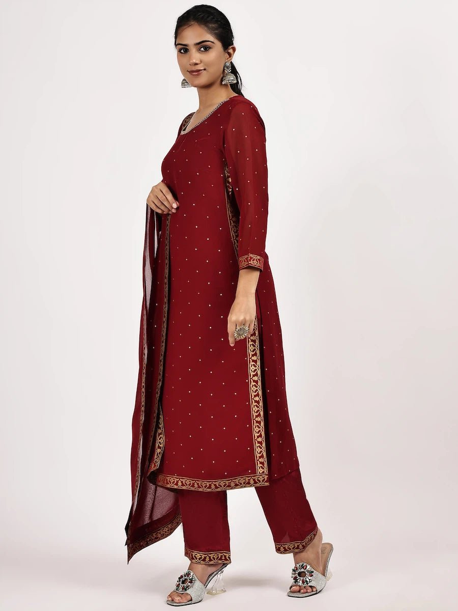 Maroon Embellished Kurta Set with Pants & Dupatta - The Bebla