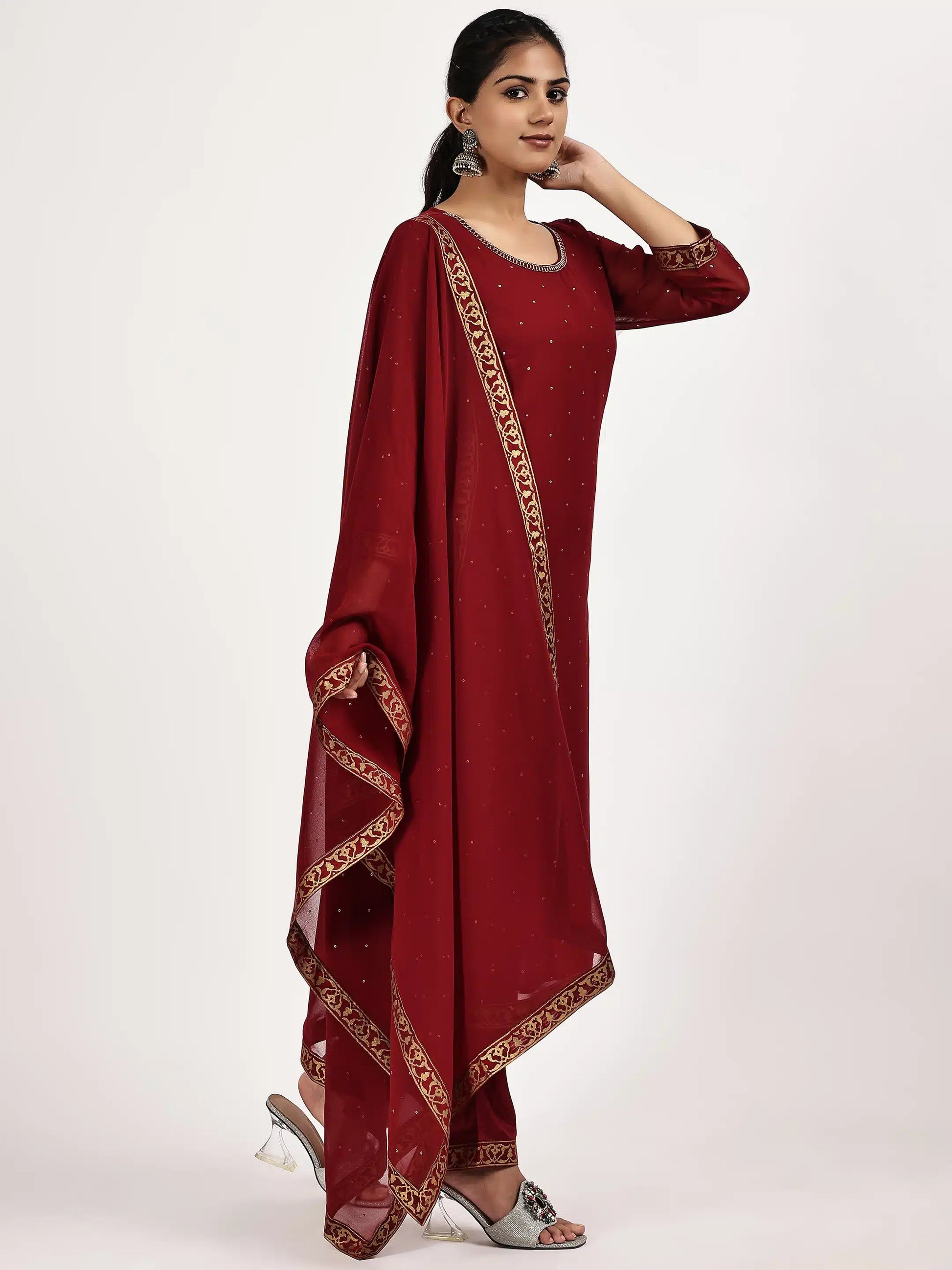 Maroon Embellished Kurta Set with Pants & Dupatta - The Bebla