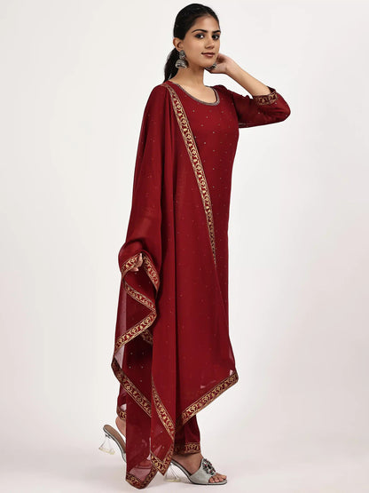 Maroon Embellished Kurta Set with Pants & Dupatta - The Bebla