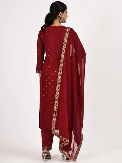 Maroon Embellished Kurta Set with Pants & Dupatta - The Bebla