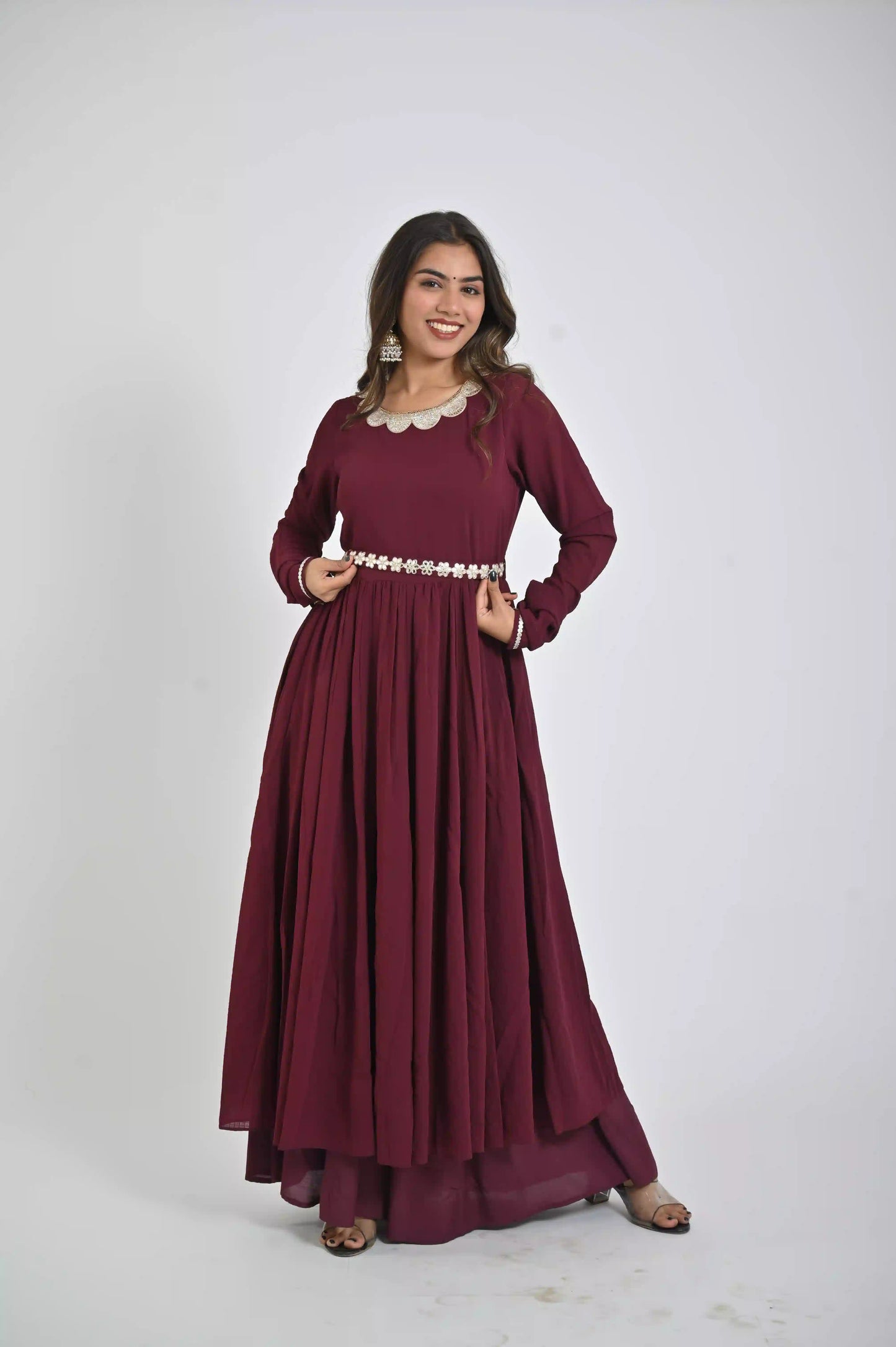 Maroon Floor - Length Gown for Women with Elegant Look - The Bebla