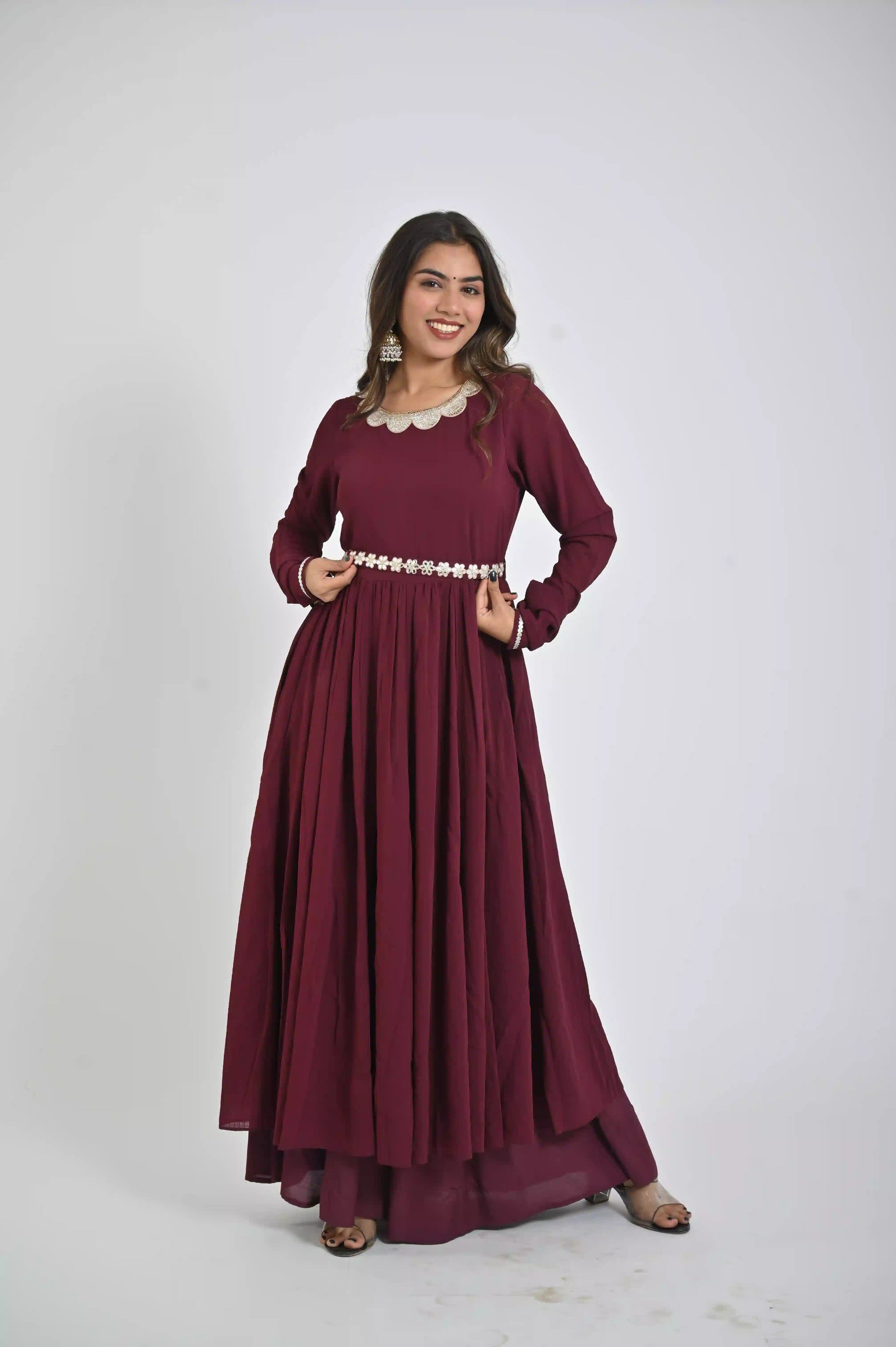 Maroon Floor - Length Gown for Women with Elegant Look - The Bebla