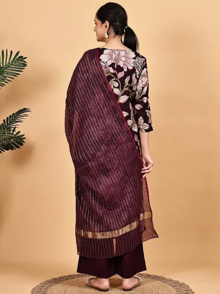 Maroon Floral Printed Kurta Set with Dupatta – Elegant Kurta Set for Women - The Bebla