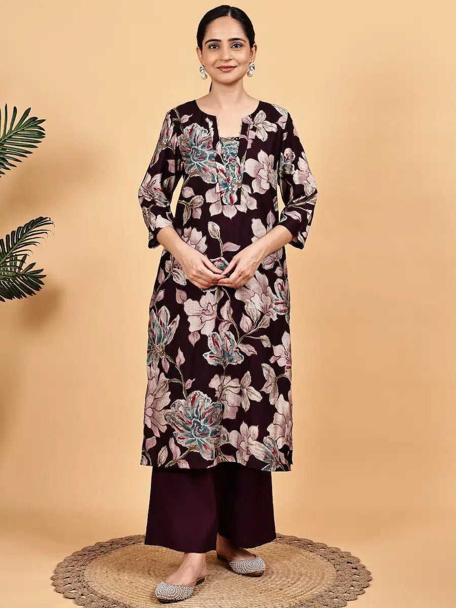 Maroon Floral Printed Kurta Set with Dupatta – Elegant Kurta Set for Women - The Bebla