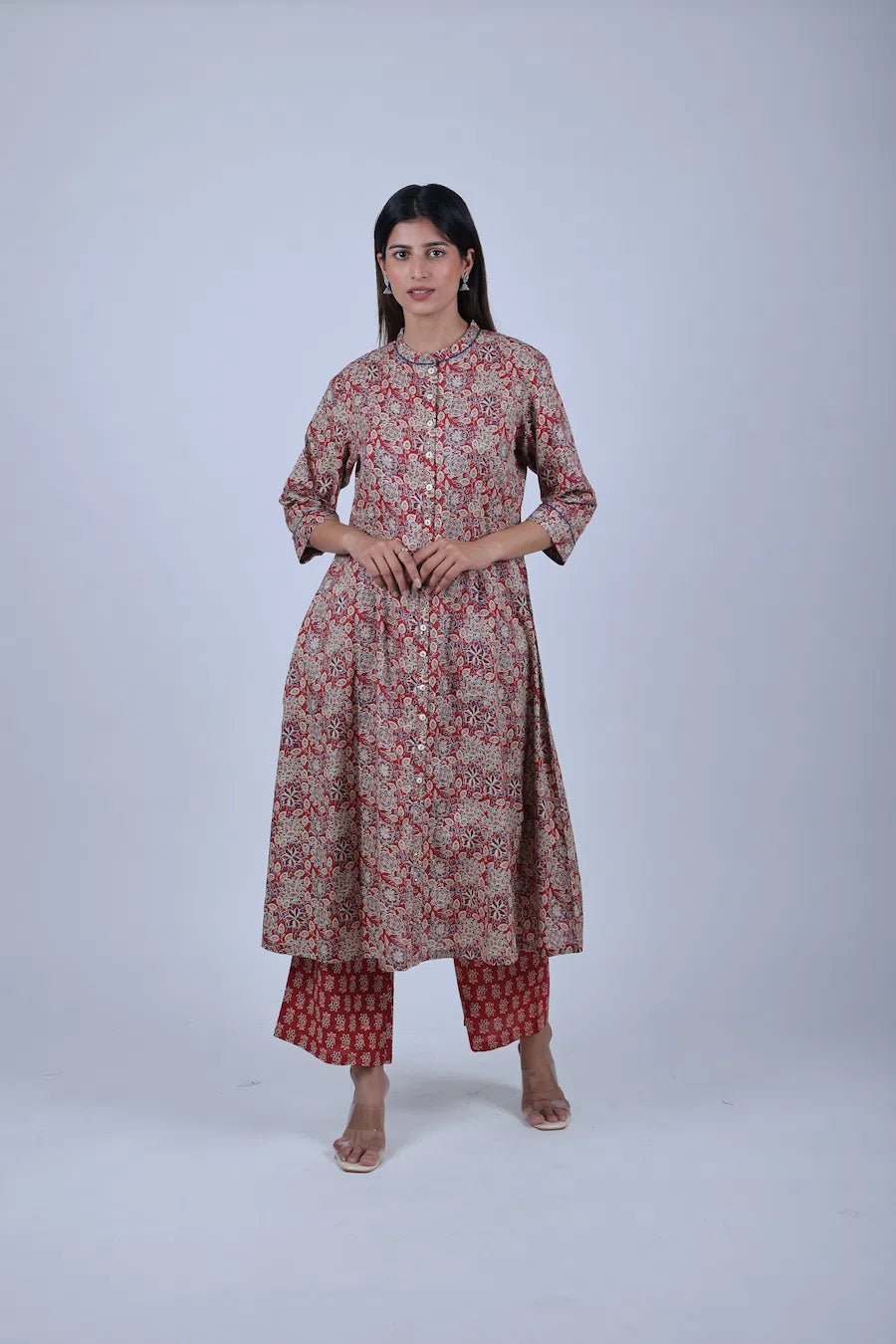Metalic Red Printed A Line Kurta Along With Printed Pants