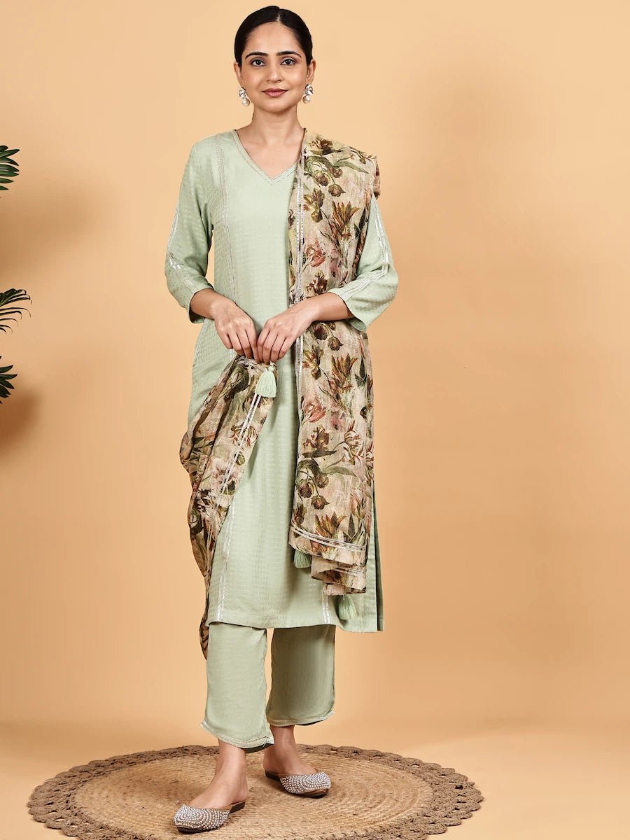 Mint Green Solid Kurta Set with Floral Printed Dupatta - The Bebla