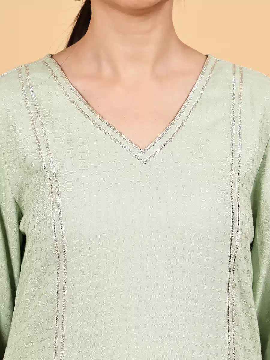 Mint Green Solid Kurta Set with Floral Printed Dupatta - The Bebla