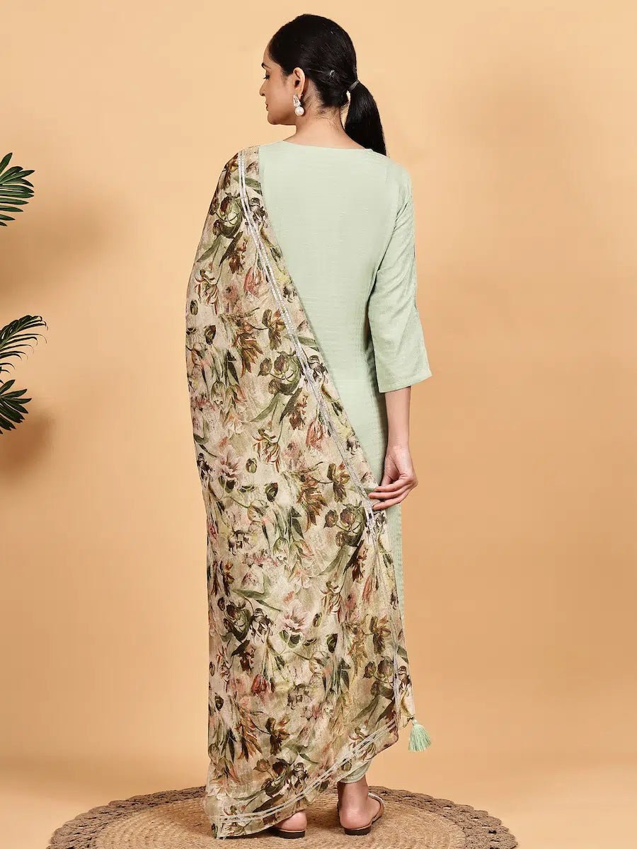 Mint Green Solid Kurta Set with Floral Printed Dupatta - The Bebla