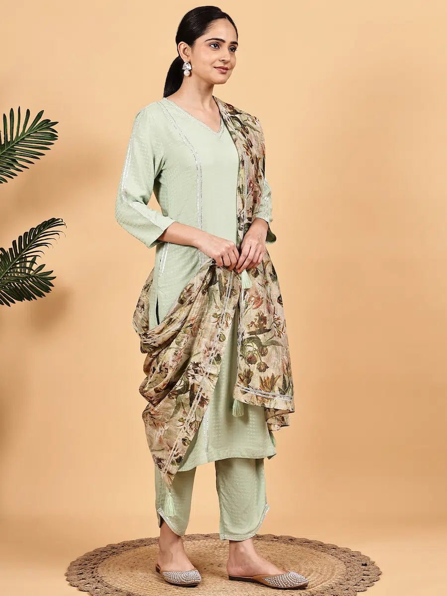 Mint Green Solid Kurta Set with Floral Printed Dupatta - The Bebla