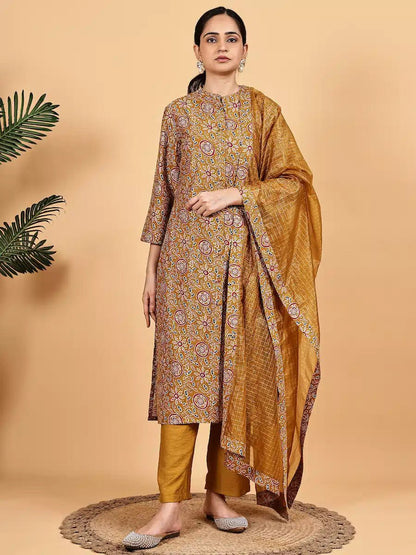 Mustard Printed Kurta Set with Premium Dupatta - The Bebla