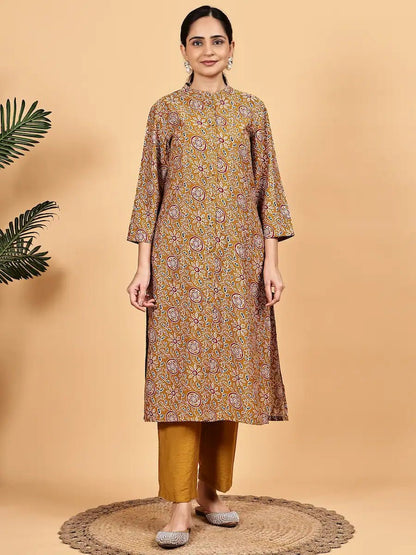 Mustard Printed Kurta Set with Premium Dupatta - The Bebla