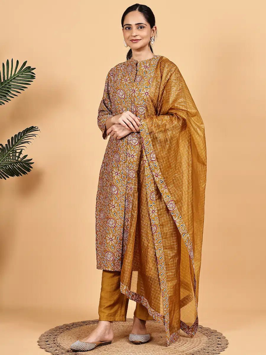 Mustard Printed Kurta Set with Premium Dupatta - The Bebla