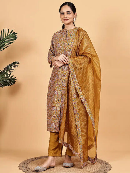 Mustard Printed Kurta Set with Premium Dupatta - The Bebla
