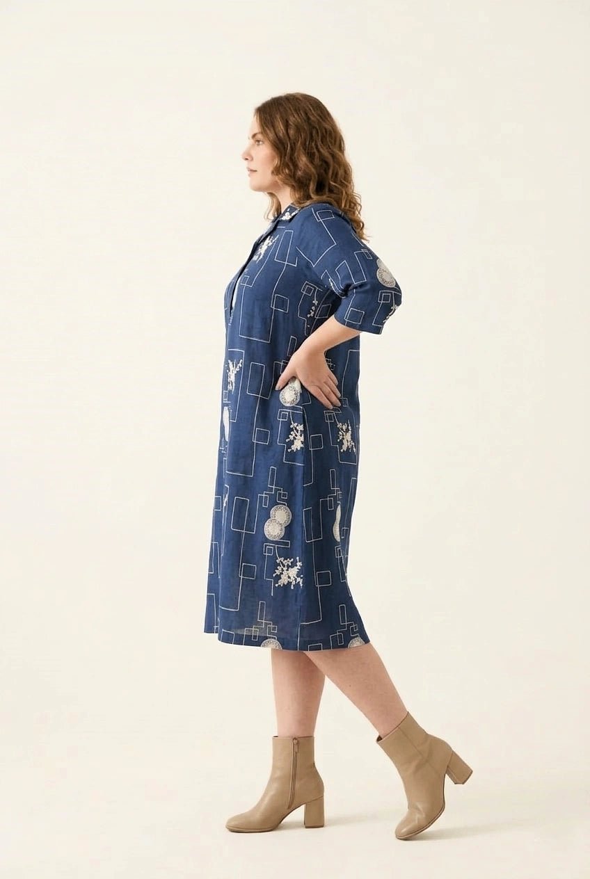 Navy Blue Abstract Printed Straight Shirt Dress - The Bebla