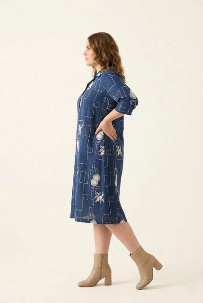 Navy Blue Abstract Printed Straight Shirt Dress - The Bebla
