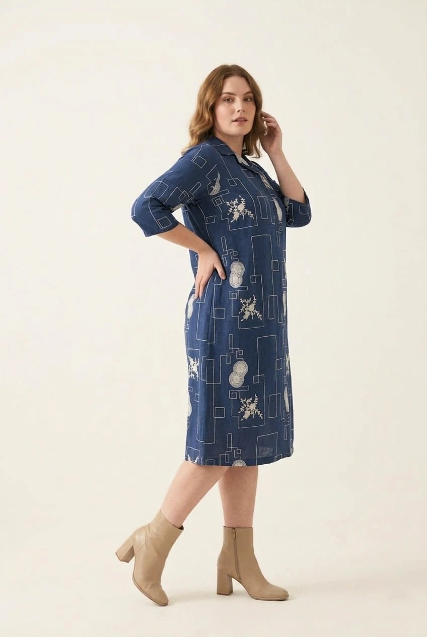 Navy Blue Abstract Printed Straight Shirt Dress - The Bebla