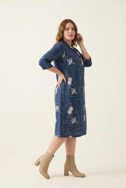 Navy Blue Abstract Printed Straight Shirt Dress - The Bebla