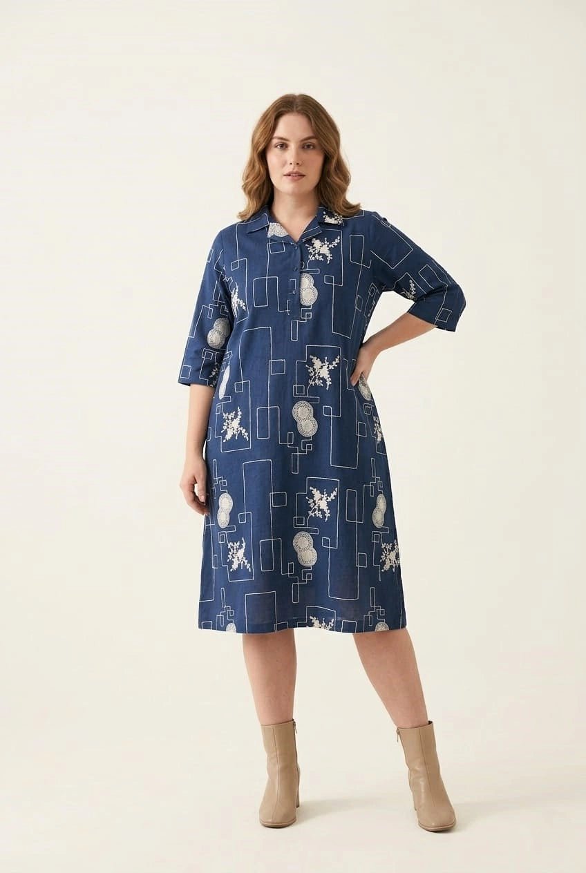 Navy Blue Abstract Printed Straight Shirt Dress - The Bebla