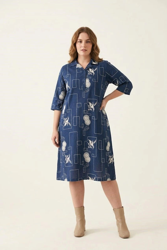 Navy Blue Abstract Printed Straight Shirt Dress - The Bebla