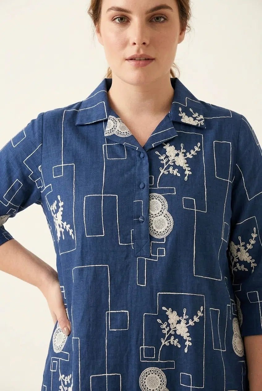 Navy Blue Abstract Printed Straight Shirt Dress - The Bebla