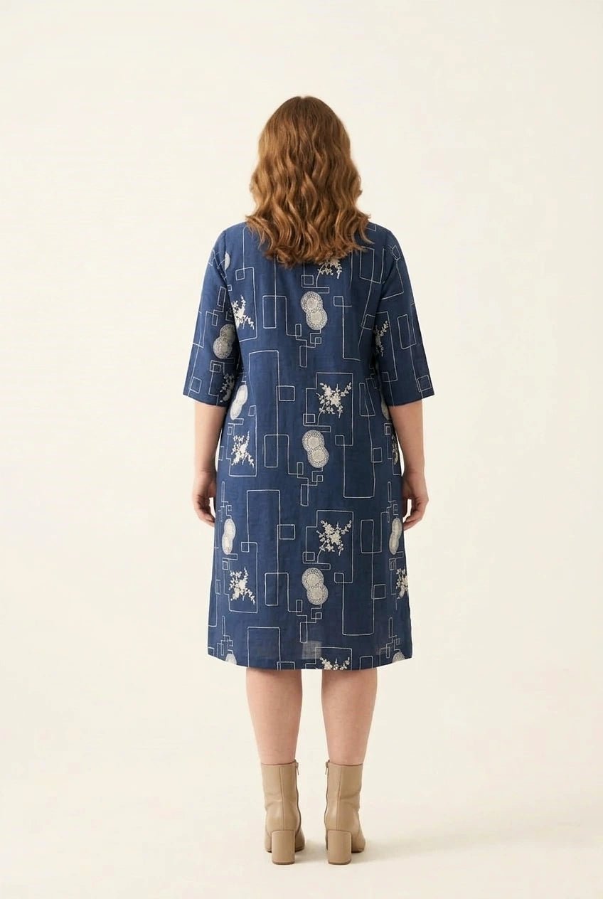 Navy Blue Abstract Printed Straight Shirt Dress - The Bebla