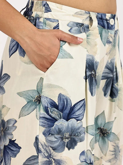 off white Blue Floral Print Kurta with palazzo - The Bebla