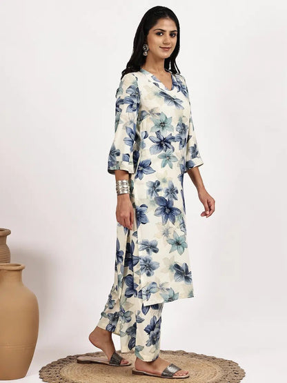 off white Blue Floral Print Kurta with palazzo - The Bebla