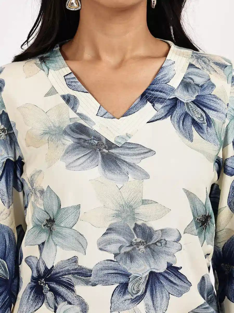 off white Blue Floral Print Kurta with palazzo - The Bebla
