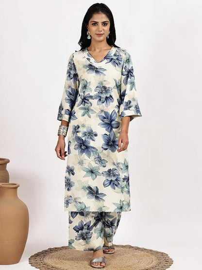 off white Blue Floral Print Kurta with palazzo - The Bebla