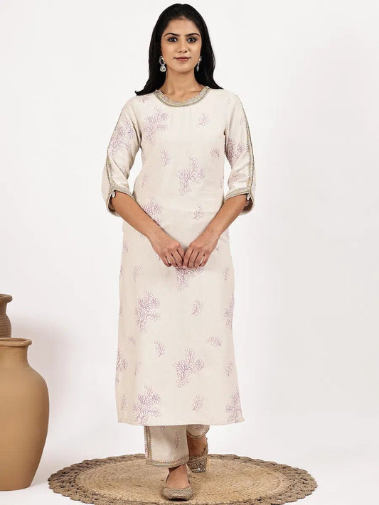 Off - White Embroidered Kurta with pant - The Bebla