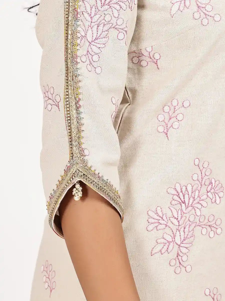 Off - White Embroidered Kurta with pant - The Bebla