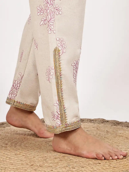 Off - White Embroidered Kurta with pant - The Bebla
