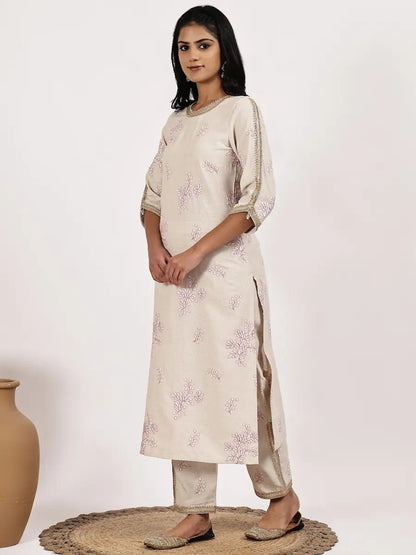 Off - White Embroidered Kurta with pant - The Bebla