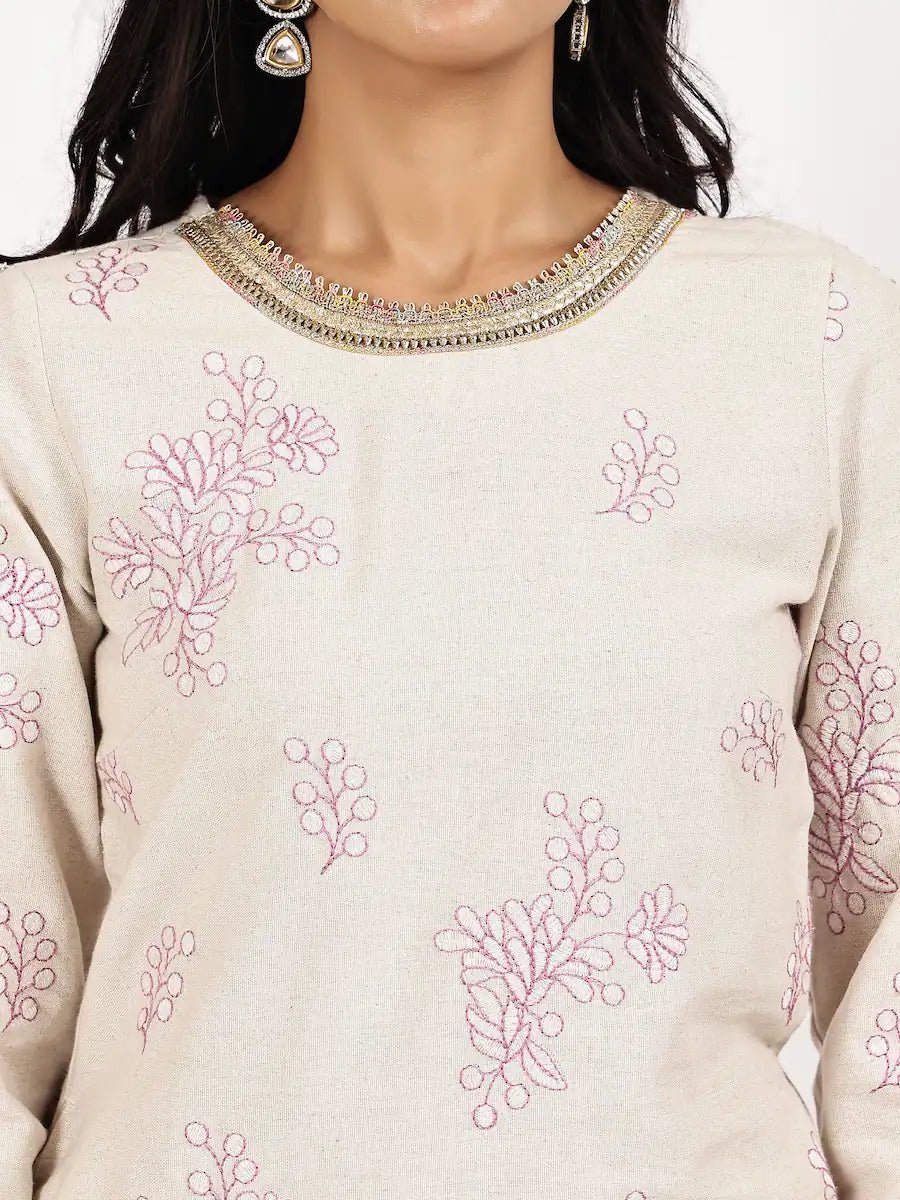 Off - White Embroidered Kurta with pant - The Bebla