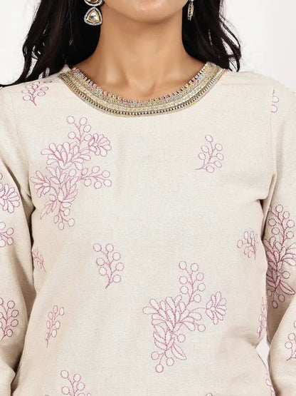 Off - White Embroidered Kurta with pant - The Bebla