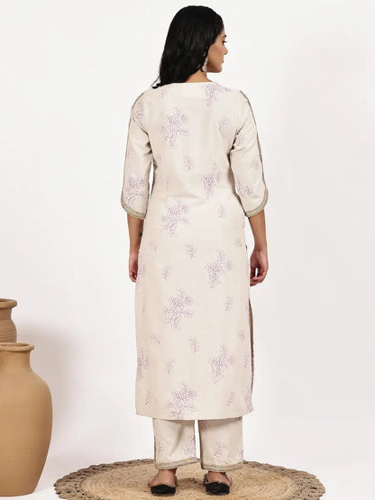 Off - White Embroidered Kurta with pant - The Bebla