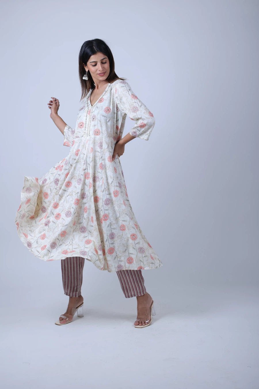 Off - White Printed Kalidar Kurta with Printed Straight Pants - The Bebla