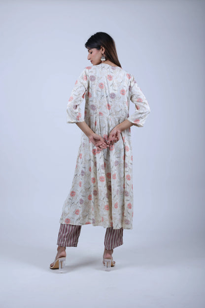 Off - White Printed Kalidar Kurta with Printed Straight Pants - The Bebla
