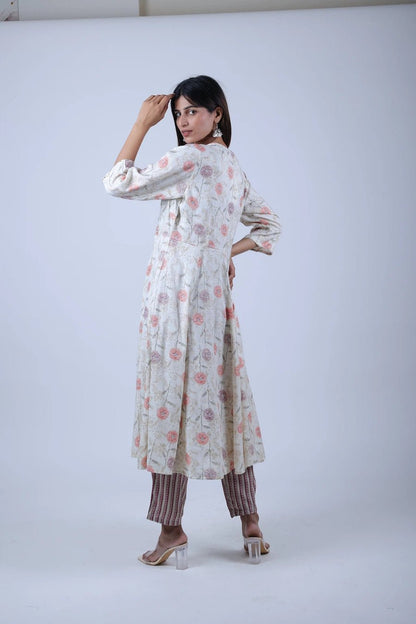 Off - White Printed Kalidar Kurta with Printed Straight Pants - The Bebla