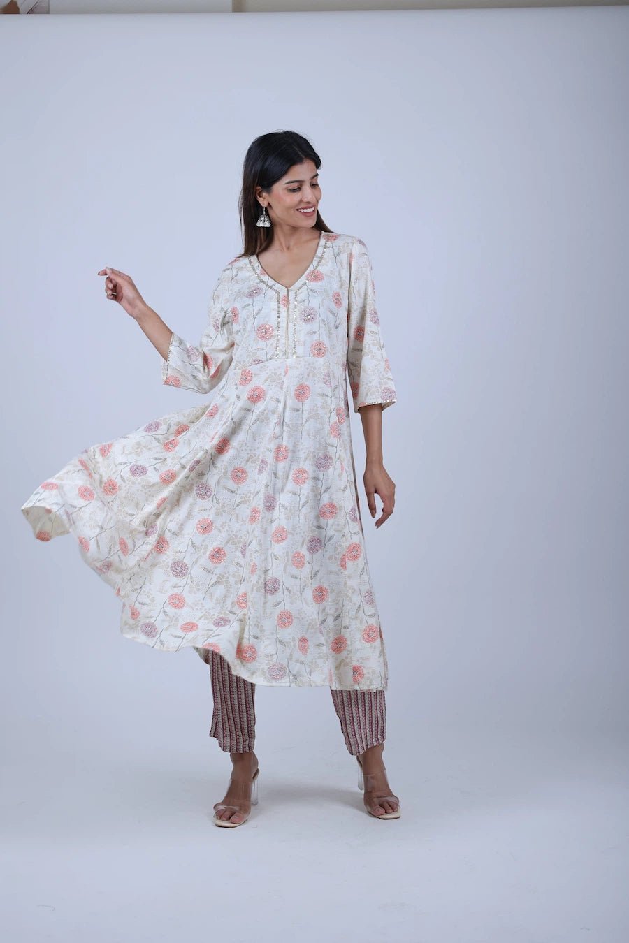 Off - White Printed Kalidar Kurta with Printed Straight Pants - The Bebla