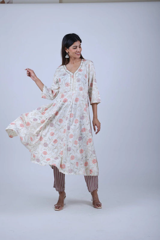 Off - White Printed Kalidar Kurta with Printed Straight Pants - The Bebla