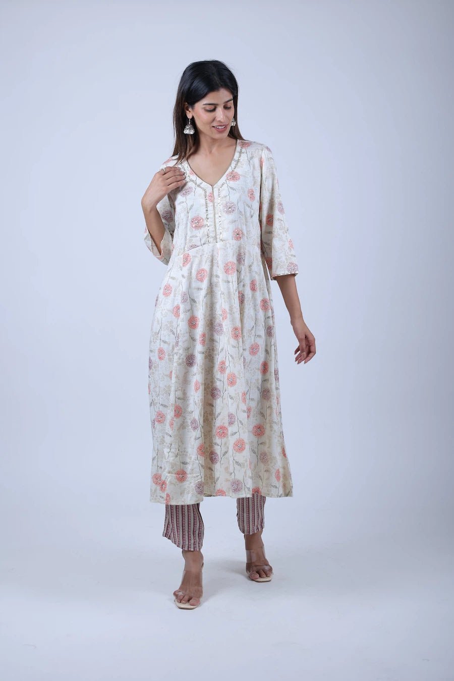 Off - White Printed Kalidar Kurta with Printed Straight Pants - The Bebla