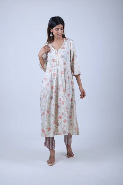 Off - White Printed Kalidar Kurta with Printed Straight Pants - The Bebla