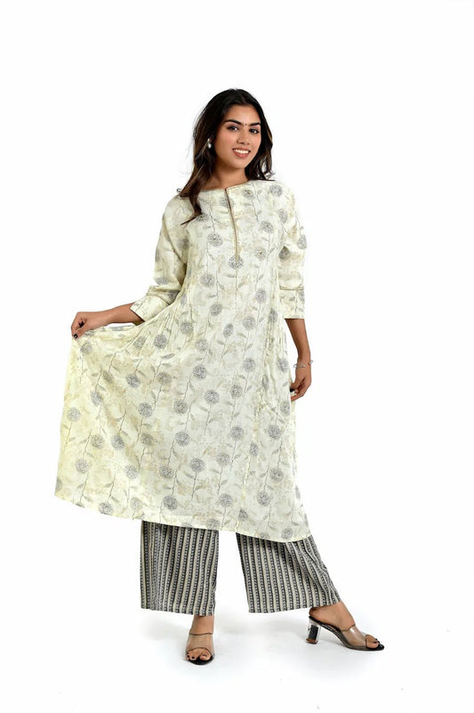 Off White printed kurta and Straight Pant - The Bebla