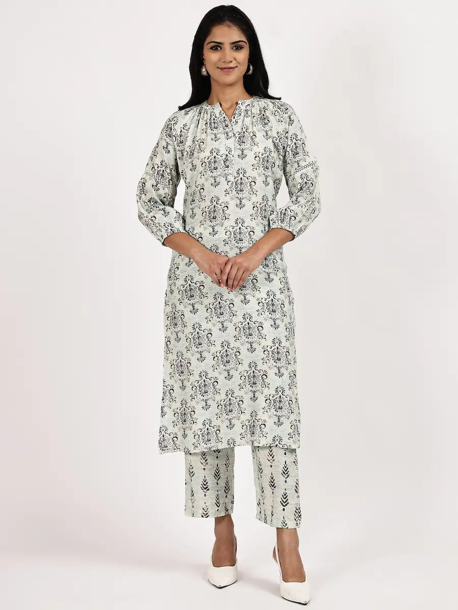 Off - White Printed Kurta Set - The Bebla