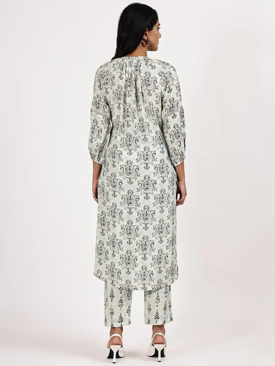 Off - White Printed Kurta Set - The Bebla