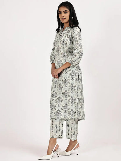 Off - White Printed Kurta Set - The Bebla
