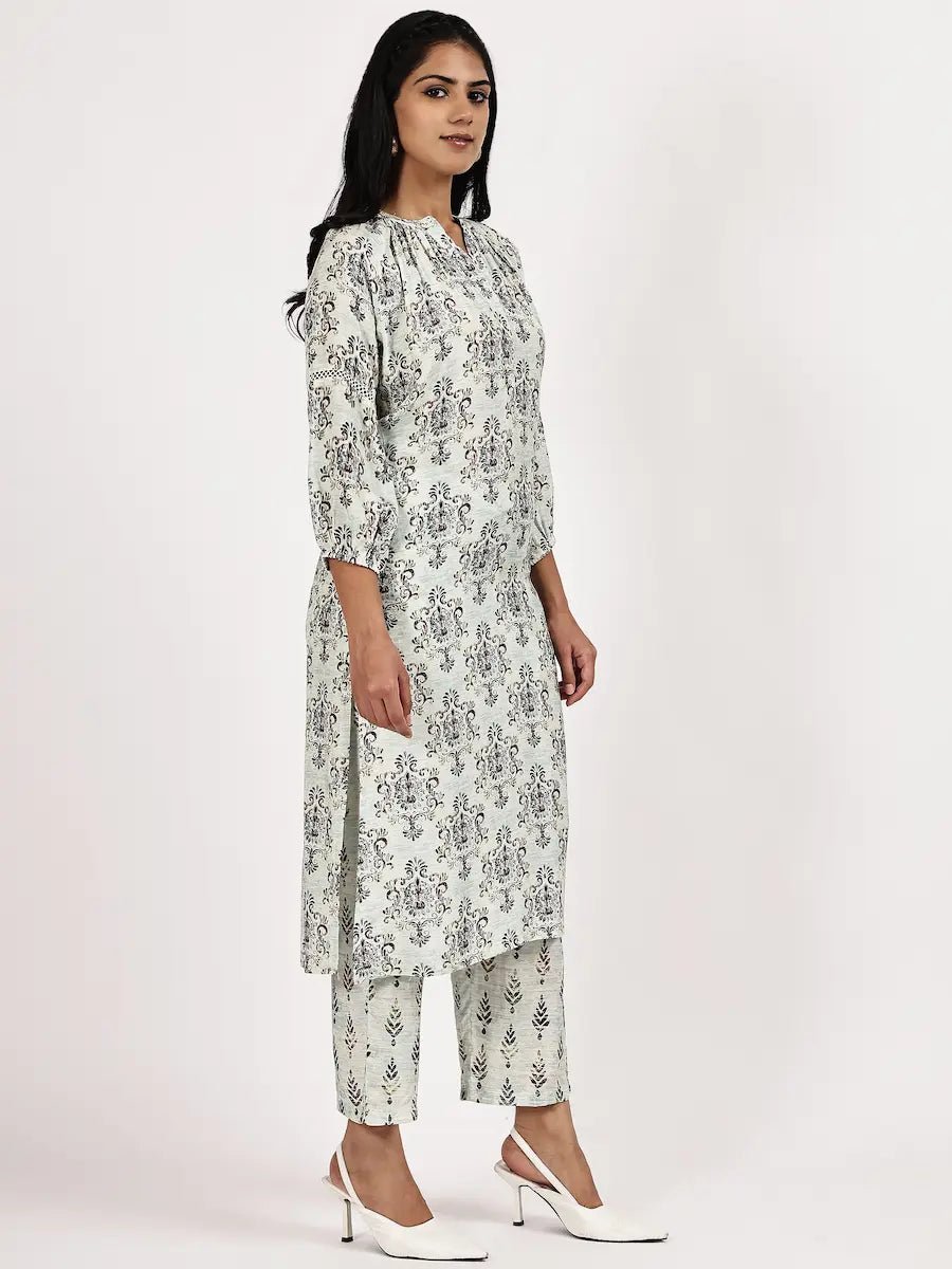 Off - White Printed Kurta Set - The Bebla