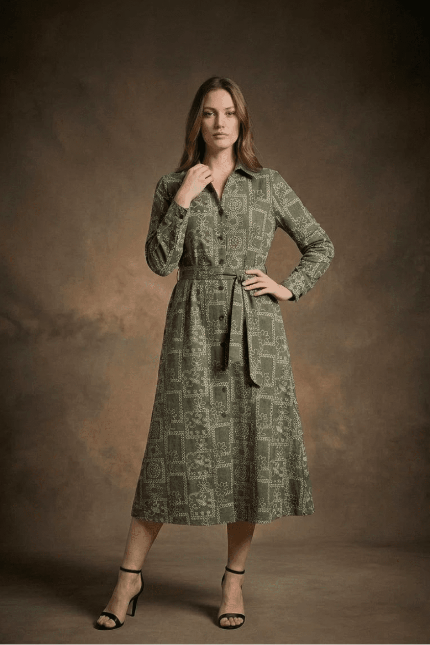 Olive Green Printed Tie - Up Midi Shirt Dress - The Bebla